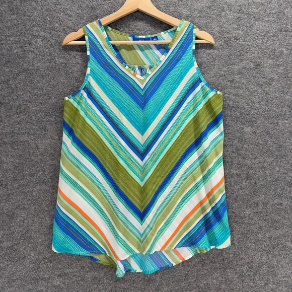 Apt. 9 Blouse Women M Medium Blue Striped V-Neck Sleeveless Wide Strap Casual - Picture 1 of 7